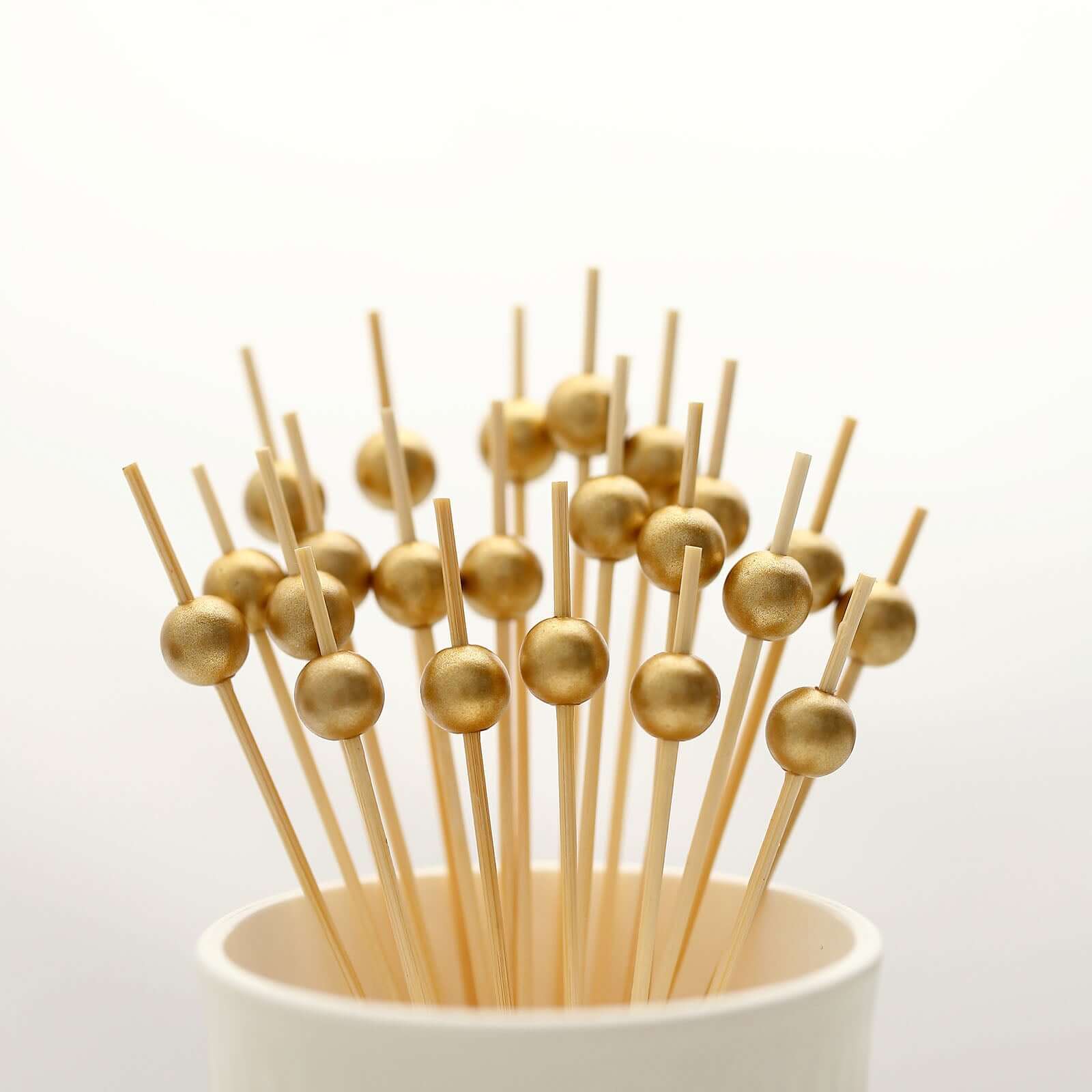 100-Pack Bamboo Skewers 4.5", Gold Pearl Decorative Top Stir Sticks - Eco Friendly Cocktail Picks
